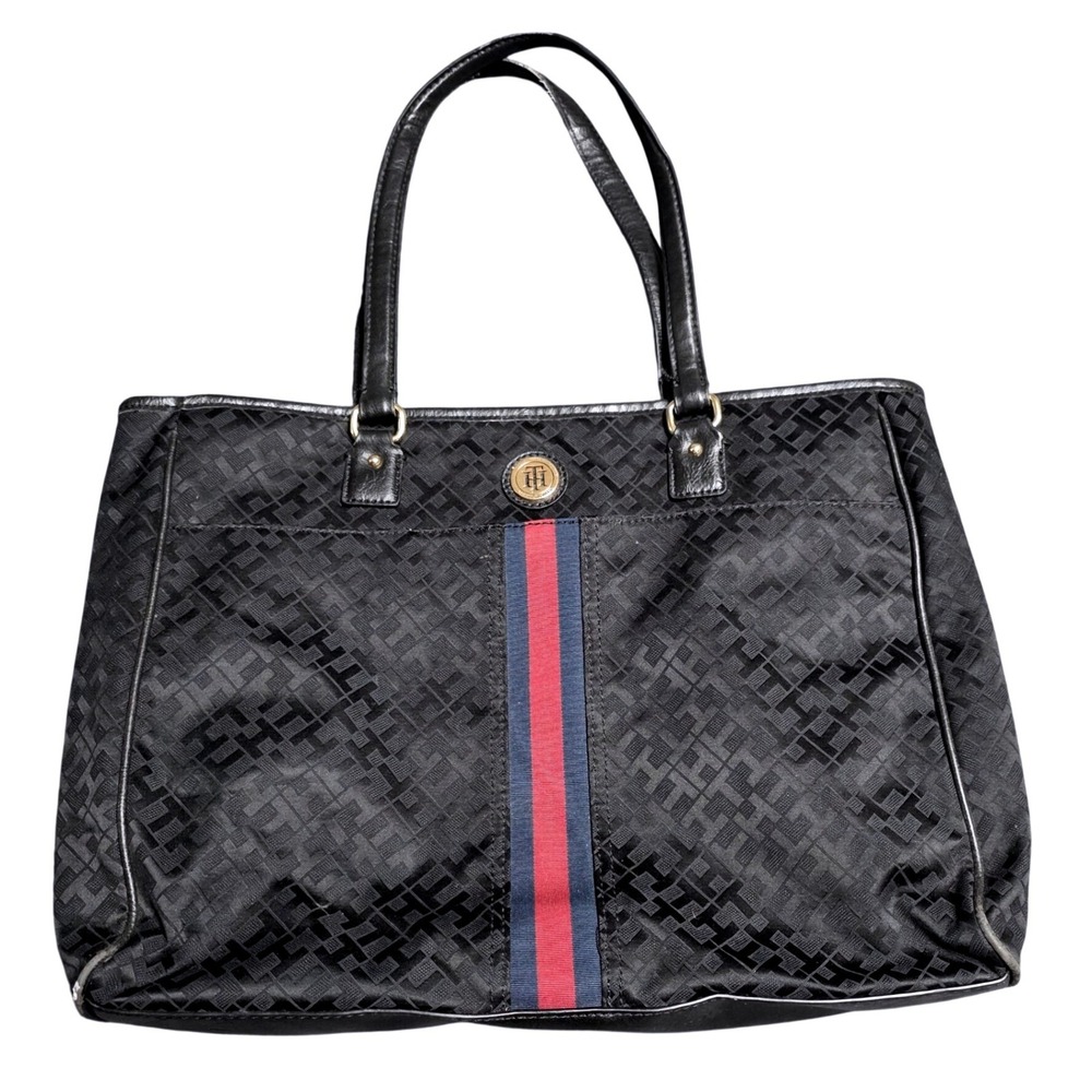Tommy Hilfiger Monogram Jacquard Black Tote Bag Women's One Size Gold Logo